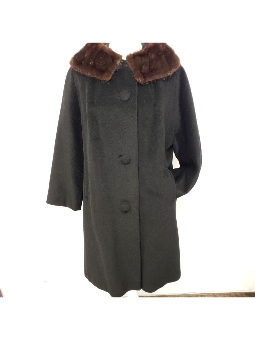 Vtg Townly Wool Dress Coat Mink Fur Collar Black L Satin Lined EUC Mid Century